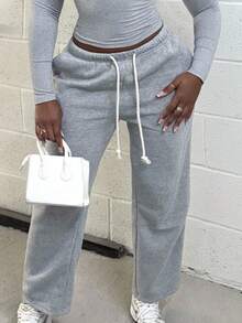 Alexandranx Women's Low-Waist Drawstring Looped Waist Slant Pocket Straight Leg Wide-Leg Sweatpants, Fashionable Minimalist Casual Everyday Wear, Suitable For Petite, Spring/Autumn Graduation,Back To School Outfits,Graduation,Teacher Outfits For Women,Back To School - Grey - View 4