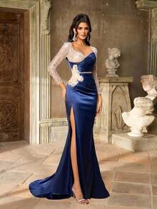 Aureia Váy dạ hội trang trọng thanh lịch, sang trọng, thêu sequin xanh lam, chắp vá, satin thủ công, chuỗi đá giả 3D, cổ tim, tay dài, voan xếp nếp gợi cảm, xẻ tà gợi cảm dành cho nữ - Màu xanh hải quân - Xem 7