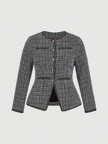 SHEIN MOD Plus Size 2-Piece Women's Tweed Color-Blocked Button Set, Long Skirt Suit, Women's Solid Color Long-Sleeved Single-Breasted Elegant Tweed Blazer, Autumn And Winter Clothes, Polished Silver Button Dec, Tweed Two Piece Set, Office Outfits For Women Set, Tweed Dresses For Women, Classic Outfits For Women, - Black and White - View 8