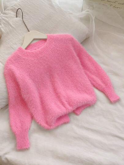 Elladie kids New Fashionable Versatile Cute Girls Solid Color Pullover Sweater Pink Sweater For Girls Pink Clothes Girl Clothes Autumn And Winter Clothes Tween Girl Bow Knit Pink Sweater Pink Cardigan Kids Kid Pink Loose Sweater