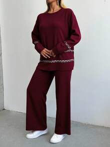 RueChic 2pcs Women's Dropped Shoulder Crew Neck Long Sleeve Sweater And Knit Long Pants Set,Petite Co Ord,Co Ord,Petite,Winter Clothes - Burgundy - View 5