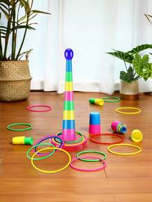 2件套塑料套圈游戏套装，彩色运动圈，适合户外嘉年华派对游戏、成人家庭后院活动、手眼协调玩具、趣味露营海滩生日礼物，适合所有年龄段 - 彩色 - 查看 5