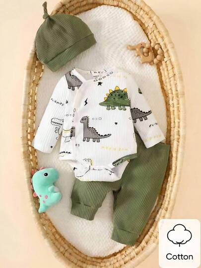 SHEIN Newborn Male Baby White Pit Stripe Long Sleeved Dinosaur Pattern Open Top Jumpsuit Paired With Green Pants And Hat 3 Pieces Set Fabric For Comfort, Cute Cartoon Autumn And Winter New Collection For Home Gifting Fall