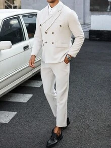 Manfinity Mode 2pcs/Set Men's Solid Color Double-Breasted Jacket & Trousers Suit,Gifts For Boyfriend,White Men Suits - Apricot - View 4