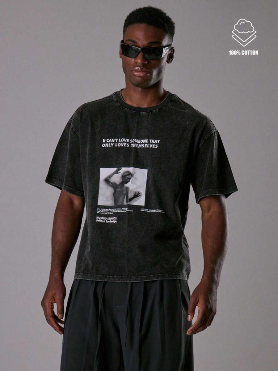 Musero Washed Oversized Short Sleeve Box Graphic T-Shirt SPRING/Fall Summer - Black - View 1