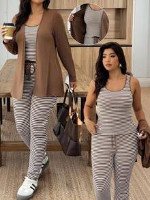 EMERY ROSE Áo khoác cardigan dài tay màu trơn cỡ lớn cho nữ, áo ba lỗ kẻ sọc và quần âu thường ngày - màu nâu - Xem 6