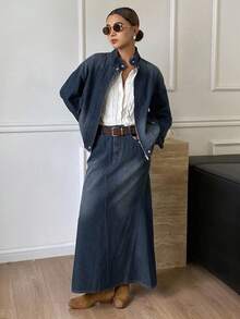 DAZY 西部牛仔风格做旧洗水高领长袖拉链宽松夹克和不对称下摆短裙休闲街头装，秋冬 - 藍色 - 查看 4