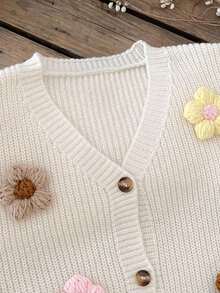 SHEIN Vintaside Kids كارديجان صوفي مزخرف بزهور ثلاثية الأبعاد بلون المشمش لفتيات المراهقات في فصلي الخريف والشتاء - لون مشمشي - مشاهدة 4