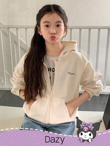 DAZY HELLO KITTY AND FRIENDS | SHEIN 少女卡通字母图案拉链连帽抓绒卫衣，冬季 - 米色 - 查看 7