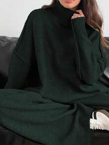 Cévolie Women High Neck Split Hem Long Sleeve Top And Pants Knit 2 Pieces Set