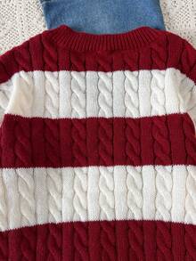 SHEIN 女童条纹拼色麻花针织 V 领灯笼袖超大套头衫，适合秋冬外出 - 彩色 - 查看 4