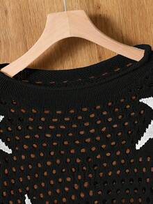 Sparklyn 少女北欧风米色星形镂空针织毛衣 - 宽松喇叭袖短款上衣，轻盈透气套头衫，适合春秋季穿着，可与母女搭配，适合上学和约会等休闲场合。 - 黑色 - 查看 5