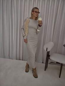 MUSERA 罗纹长袖圆领修身长款连衣裙，街头风可爱优雅休闲性感外出秋季太妃糖色晚宴优雅派对春夏度假装 - 杏色 - 查看 5