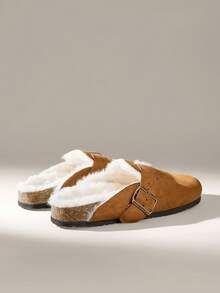 Solecia Women's Buckle Design Thermal Lined Casual Flat Mule Slippers - Camel - View 4