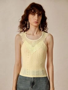 Chiquease Women's Contrast Lace Embroidered Fitted Camisole - Pale Yellow - View 4