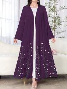 SHEIN Najma Women's Floral Print Purple Casual Long Sleeve Arabic Abaya Robe, Spring/Autumn - Multicolor - View 4