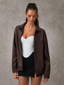 SHEIN BAE Áo khoác da PU dài tay trễ vai màu trơn cho nữ, áo khoác xuân thu thu cho nữ, áo khoác mùa đông cho nữ, áo khoác da màu đỏ tía, áo khoác mùa thu, áo khoác da dự tiệc cho nữ, thích hợp để đi du lịch và trở lại trường học - Màu nâu Sô-cô-la - Xem 6