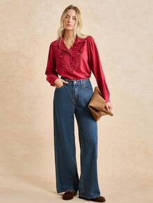 Écloséra Women's Pocketed Wide Leg Loose Casual Versatile Denim Pants Y2k - Dark Wash - View 1