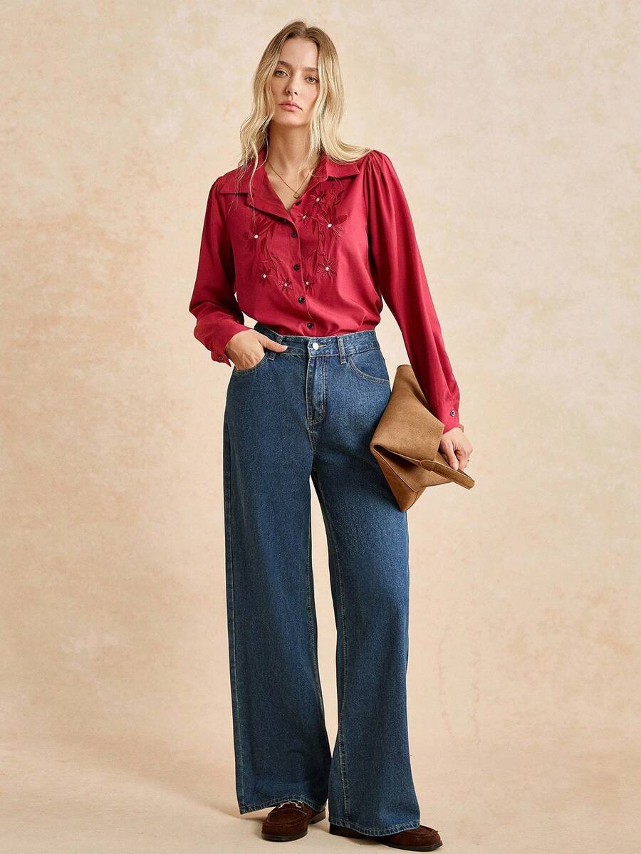 Écloséra Women's Pocketed Wide Leg Loose Casual Versatile Denim Pants Y2k - Dark Wash - View 1