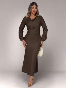 Xyvia Women's Metal Buckle Draped Neck Long Dress - Mocha Brown - View 4