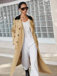 Lumivelle 女士时尚英伦风格撞色领扣长款风衣 - 卡其色 - 查看 4