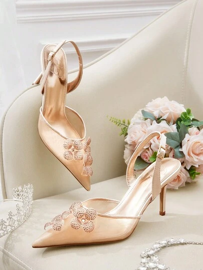 CUCCOO HITCHD Women's Fashionable Champagne Color Rhinestone Decor Stiletto Heels, Elegant Style