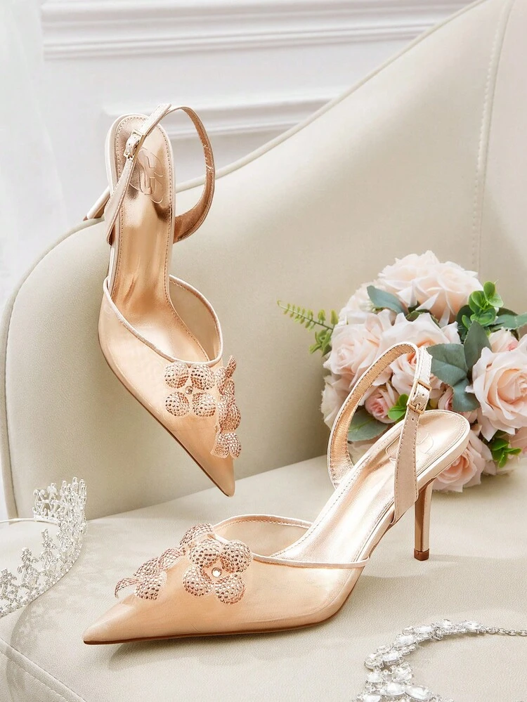 CUCCOO HITCHD Women's Fashionable Champagne Color Rhinestone Decor Stiletto Heels, Elegant Style