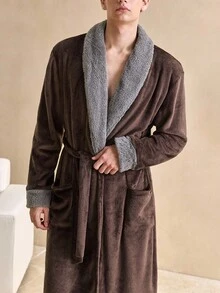 撞色毛绒男士披肩领长袖口袋系带睡袍，秋冬款，蓬松舒适 - 彩色 - 查看 4