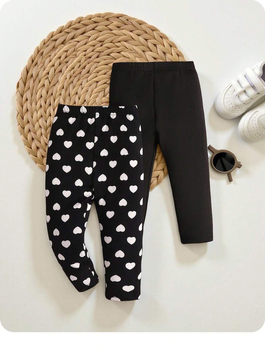 Baby Girl Snug Fit Polka Dot Knitted Elastic Waistband Long Pants 2pcs Set, Cute And Versatile - Black - View 1