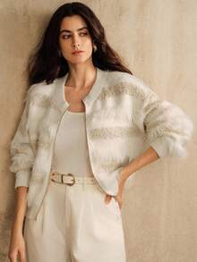 Anewsta 女士柔软蓬松流苏开衫毛衣，轻盈飘逸，适合秋季、冬季、圣诞节、新年、感恩节、外出等场合，优雅正式，时尚别致。 - 米色 - 查看 7