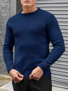 RueChic Men's Solid Basic Round Neck Sweater - Blue - View 4
