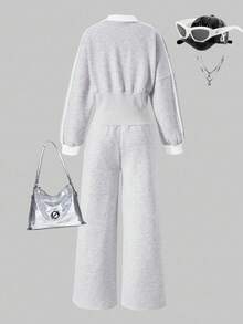 SHEIN Sparklyn 1 件女童花卉灰色时尚舒适撞色白丝带半拉链羊毛连帽衫和高腰罗纹裤套装，宽松腿部设计，适合室内、户外、旅行、派对、学校通勤，秋冬必备 - 灰色 - 查看 2