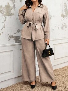 Linhara 女士优雅休闲通勤度假纯色实用衬衫领 V 领口袋金属纽扣装饰收腰系带 A 字长袖衬衫 + 松紧腰宽松直筒裤，春/秋/冬 - 摩卡棕 - 查看 3