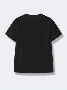 SHEIN 青少年男童纯色休闲百搭舒适圆领短袖 T 恤，适合通勤、上学、日常休闲、度假、运动、春夏季 - 黑色 - 查看 3