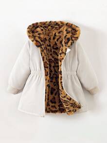 SHEIN 女婴新生儿0-3岁保暖双面连帽仿毛皮法兰绒豹纹/纯黑色中长外套，秋冬季 - 彩色 - 查看 3