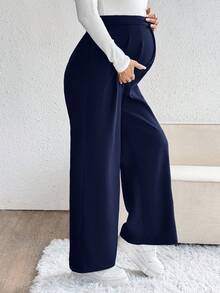 SHEIN 纯色休闲日常百搭阔腿纽扣孕妇裤 - 藏蓝色 - 查看 3
