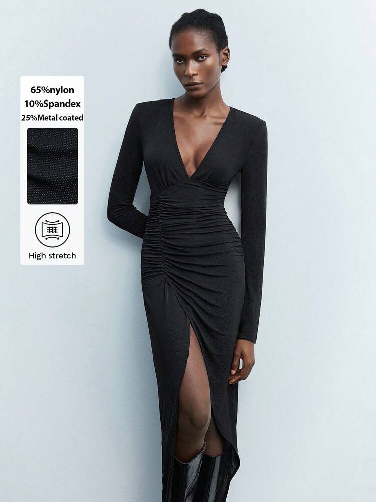 SHEIN Maija Women's Fashionable Sexy High Slit Solid Color Dress, Featuring A Classic Black Design, Slim Fit Silhouette Showcases Elegant And Alluring Curves. Suitable For Autumn, Whether For Parties, Banquets Or Important Occasions, It Can Be The Focal Point, Exuding Feminine Confidence And Nobility. The Black Element Is Versatile And Suits All, Making It An Ideal Choice For Elegant Ladies' Parties And Dates.