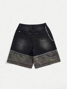ROMWE Grunge Punk 时尚前卫街头刺绣设计撞色迷彩金属链宽松低腰牛仔百慕大短裤 - 彩色 - 查看 9