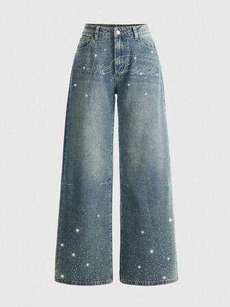 Damen Jeans im weiten Bein Punk-Stil mit Strass-Verzierung und englischem Text, locker geschnitten