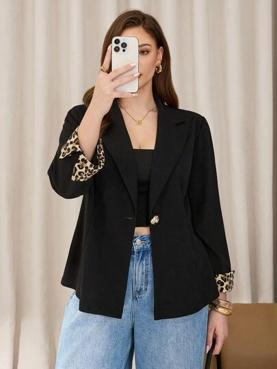 Auralis Plus Size Ladies Autumn And Winter Fashion, Elegant And Comfortable Daily Commuting, Simple Basic Versatile Leopard Print Black Suit Jacket,Women Blazer,Fall Outfits,Work Wear,Business Casual,Fall Coats