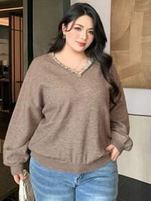 Dazy Plus V-Neck Patchwork Loose Casual Plus Size Women Pullover Sweater, Autumn/Winter School - Khaki - View 3