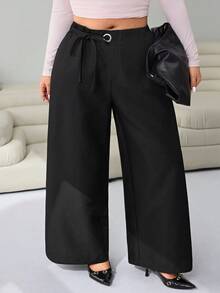 Solflare Plus High Waist Knot Side Wide Leg Pants - Black - View 5