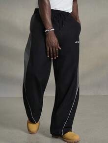 PAVTROS 男士休闲拼色抽绳直筒裤，宽松长款拼接黑色直筒运动裤 - 黑色 - 查看 5