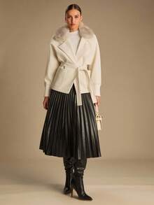 Enchnt Women's Elegant Cream White Fur Collar Woolen Jacket, Autumn Fashion Office Long Sleeves Coat For Date&Daily Commuting&Wedding Guest&Party - Apricot - View 5
