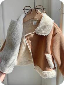 SHEIN Baby Boy Khaki Patchwork Fluffy Thickened Suit Collar Jacket, Fall Autumn/Winter