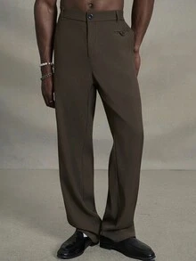 PAVTROS Hombres Pantalones de traje con diseño de botón con bolsillo oblicuo - Café integral - Ver 4
