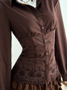 Elamini 女士棕色长袖衬衫，腰部收紧，蕾丝边，优雅装扮，适合秋冬季日常、通勤、休闲穿着 - 棕色 - 查看 1