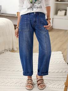 EMERY ROSE 女式口袋喇叭休闲宽松牛仔裤 - 藍色 - 查看 2