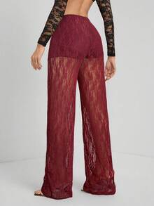 SHEIN Tall 女士纯色蕾丝拼接透视优雅时尚长裤 - 酒紅色 - 查看 2