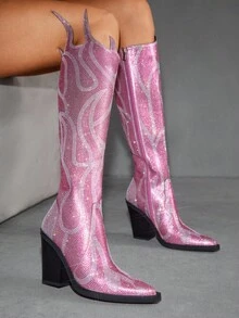 Glitzique Stivali alti da donna con decorazione a fiamma di strass, adatti per occasioni di festa